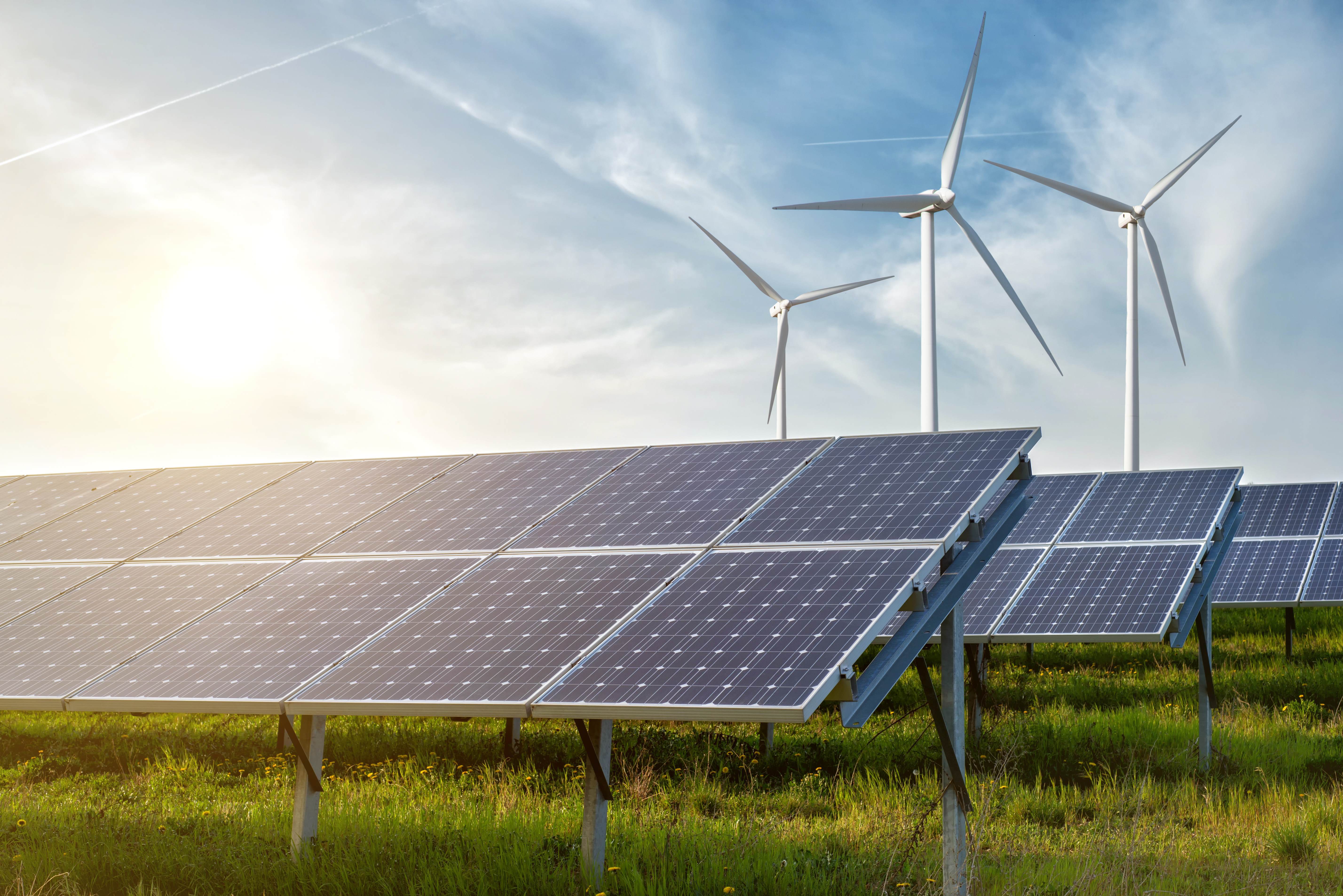 solar panels and wind turbines in field